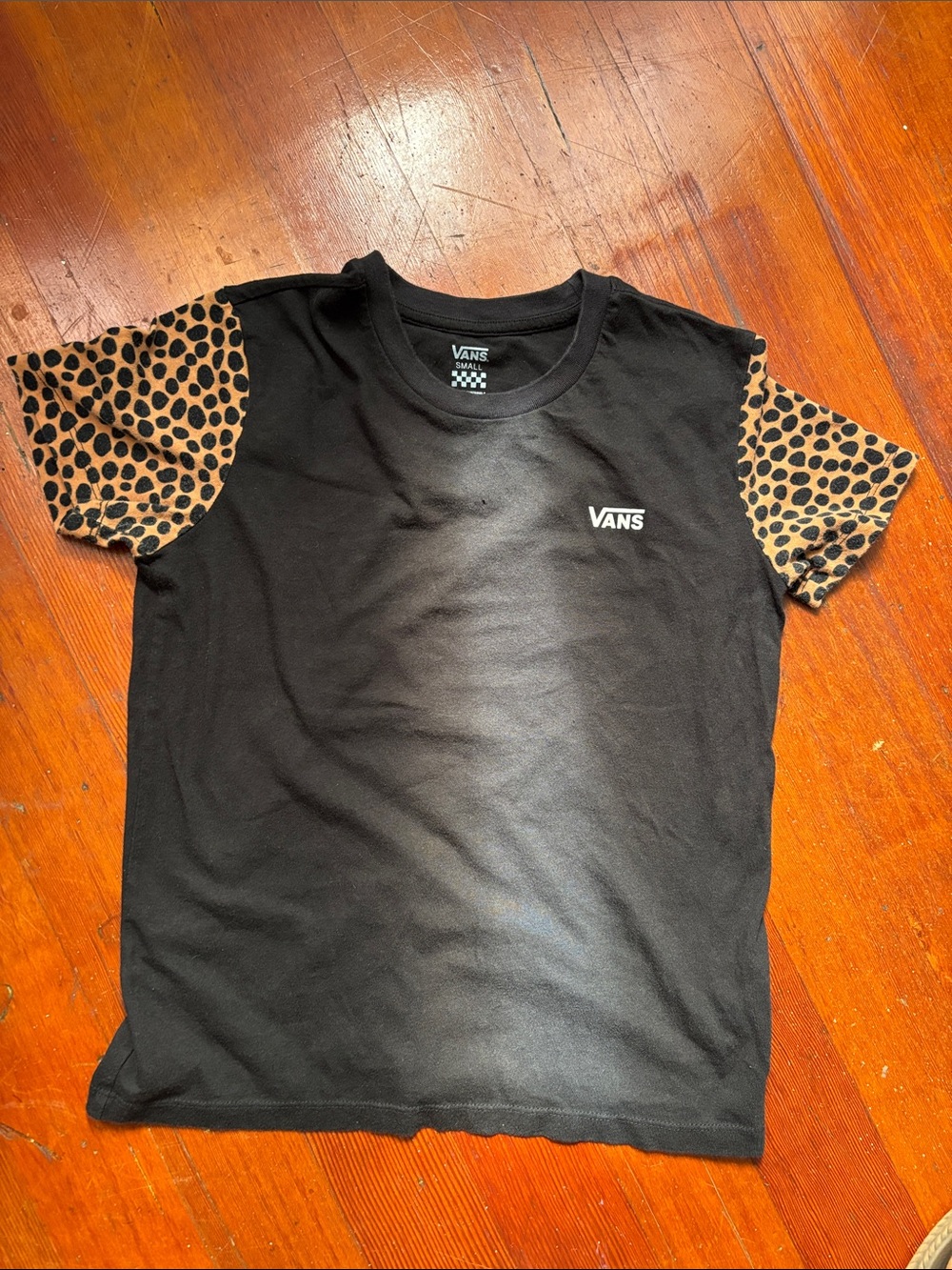 Vans Black Tee with Leopard-Print Tan Sleeves